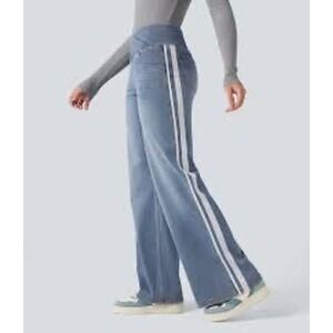 Halara Flex High Waisted Stripe Wide Leg Flowy Casual Jeans Blue SMALL NWOT